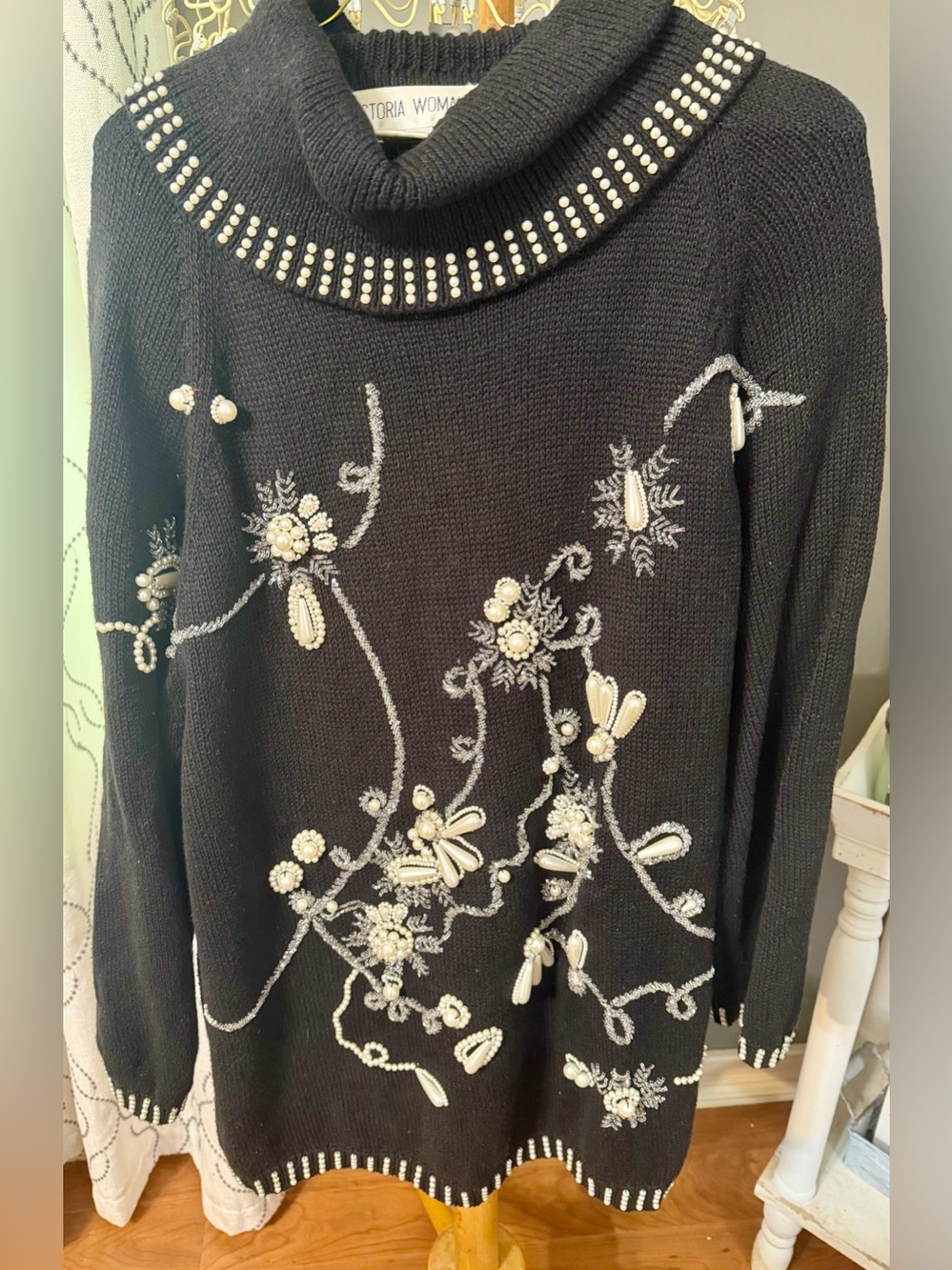 Victoria Woman Vintage Black Pearl Beaded Cowl Neck Sweater 80s 90s Floral Glam